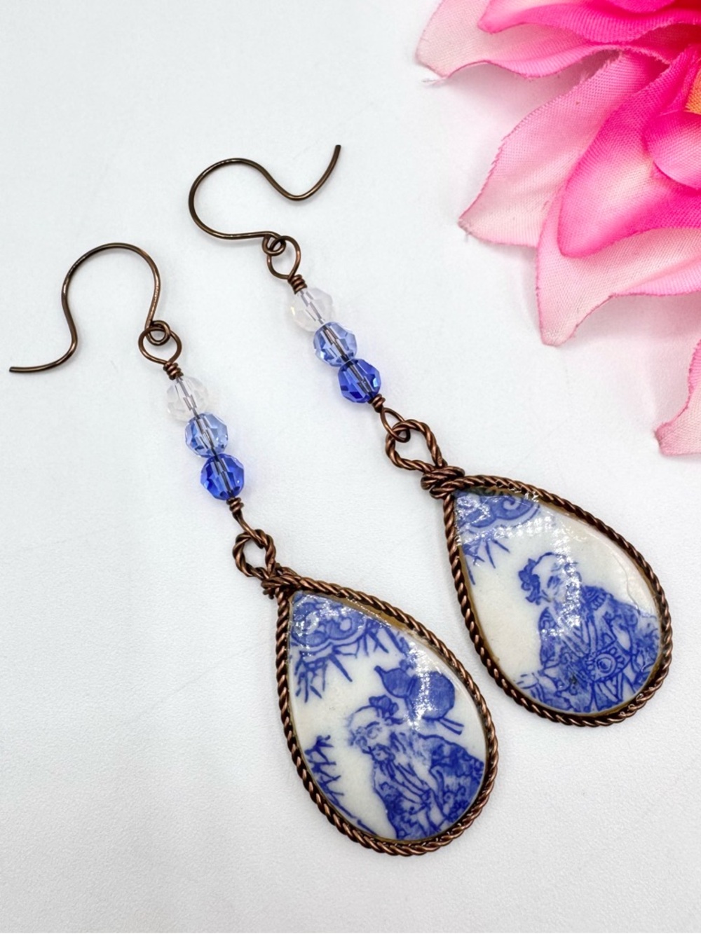 Vintage Chinese Delft Porcelain Teardrop Dangle Earrings Upcycle? Crystal Beads